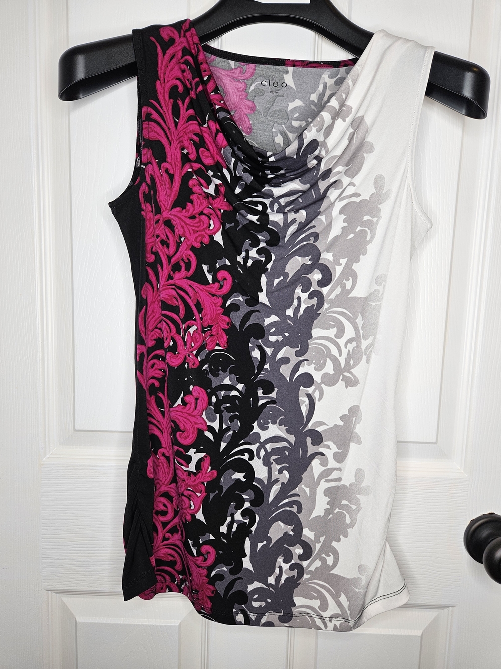 NWOT Cleo Print Sleeveless Top Cowl Neck Ruched Fuschia Black Gray White XS